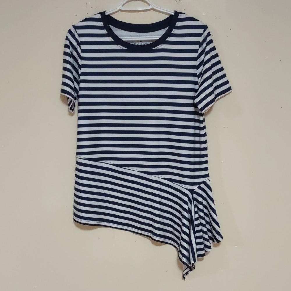 Brand-new Striped Navy and White Asymmetrical Top